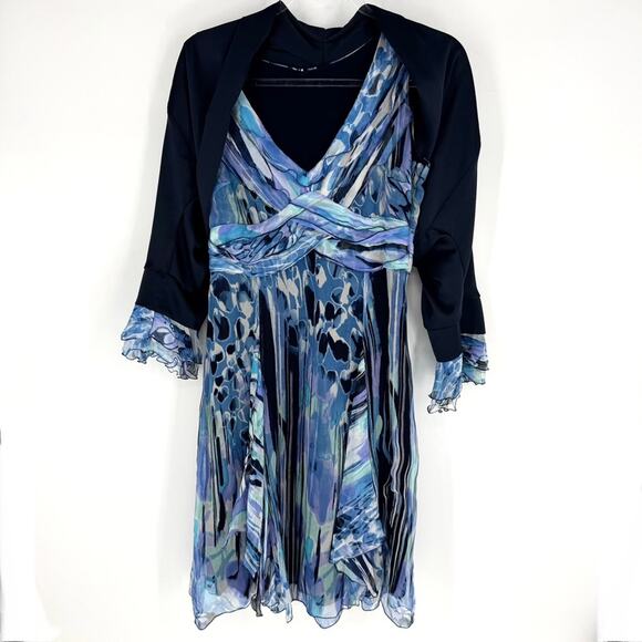 Claudia Gil Dresses & Skirts - Claudia Gil‎ Blue Patterned Faux Wrap Sleeveless Dress with Jacket Silk Size 6